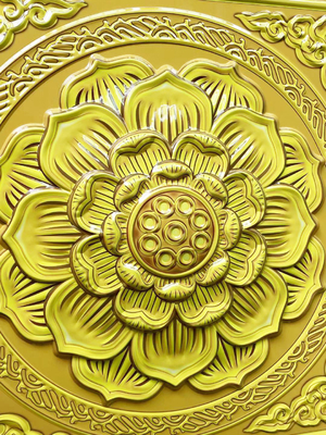 600x600mm Aluminum Metal Ceiling 3D Temple Board Gold Foil Buddha Hall Lotus